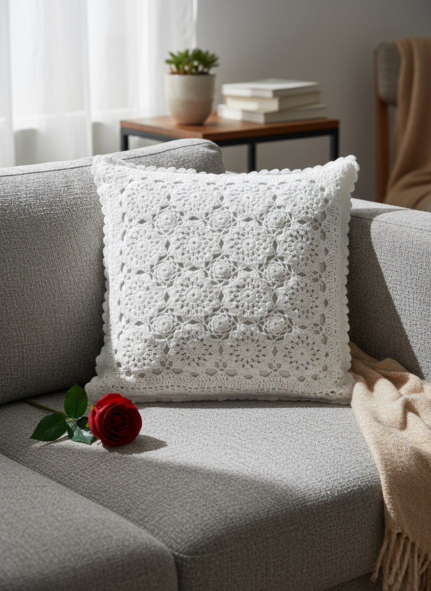 Half White Textured Crochet Cushion Cover – 16×16