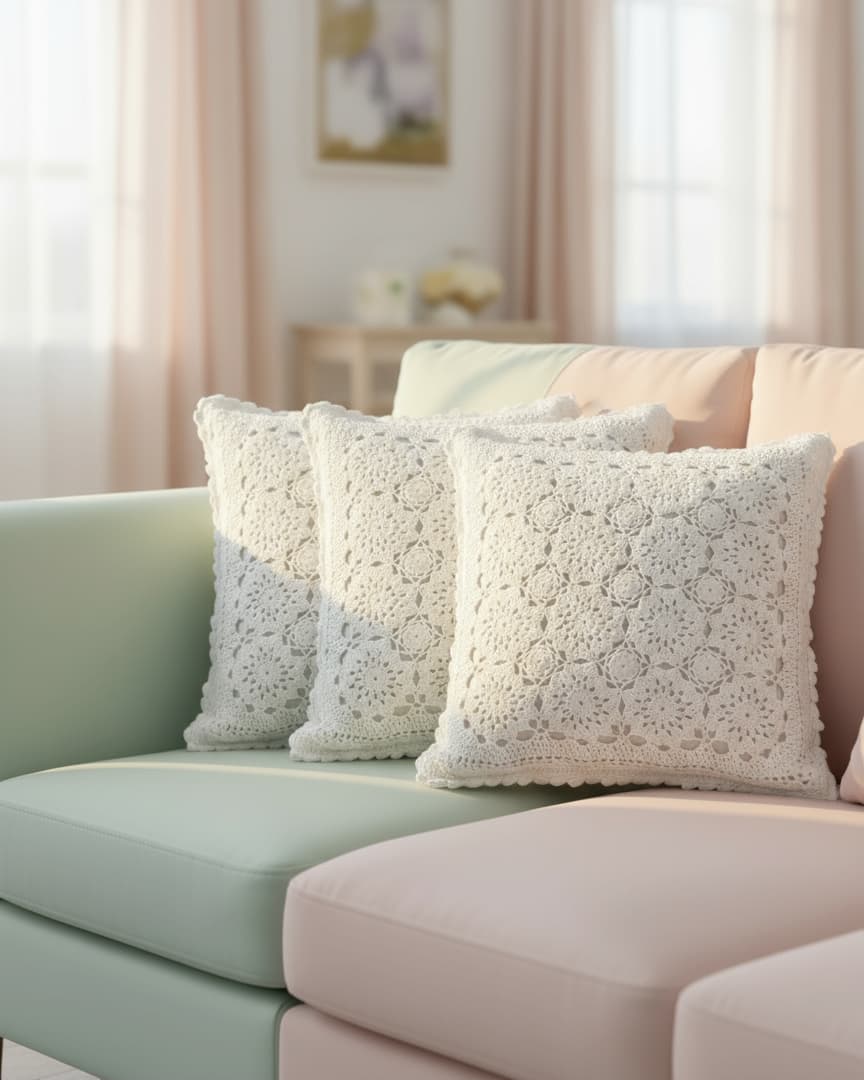 Half White Textured Crochet Cushion Cover – 16×16