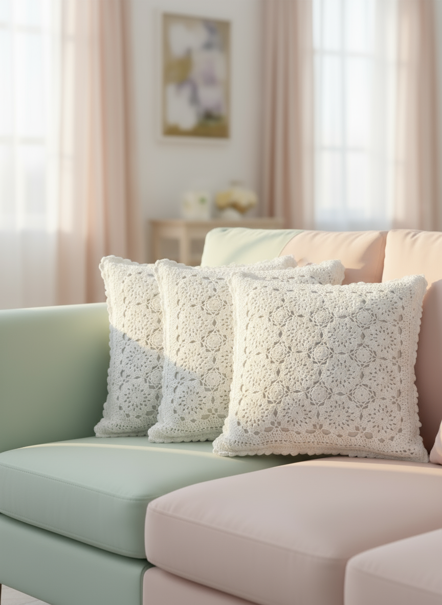Half White Textured Crochet Cushion Cover – 16×16