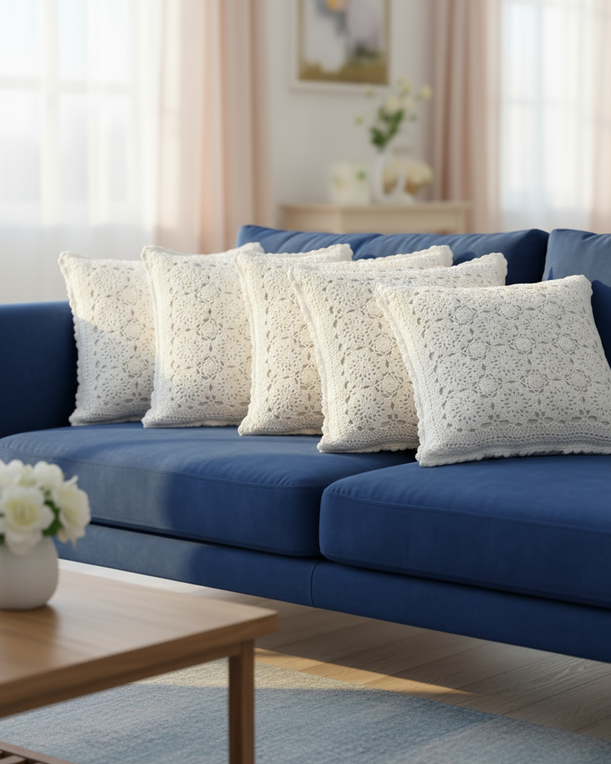 Half White Textured Crochet Cushion Cover – 16×16