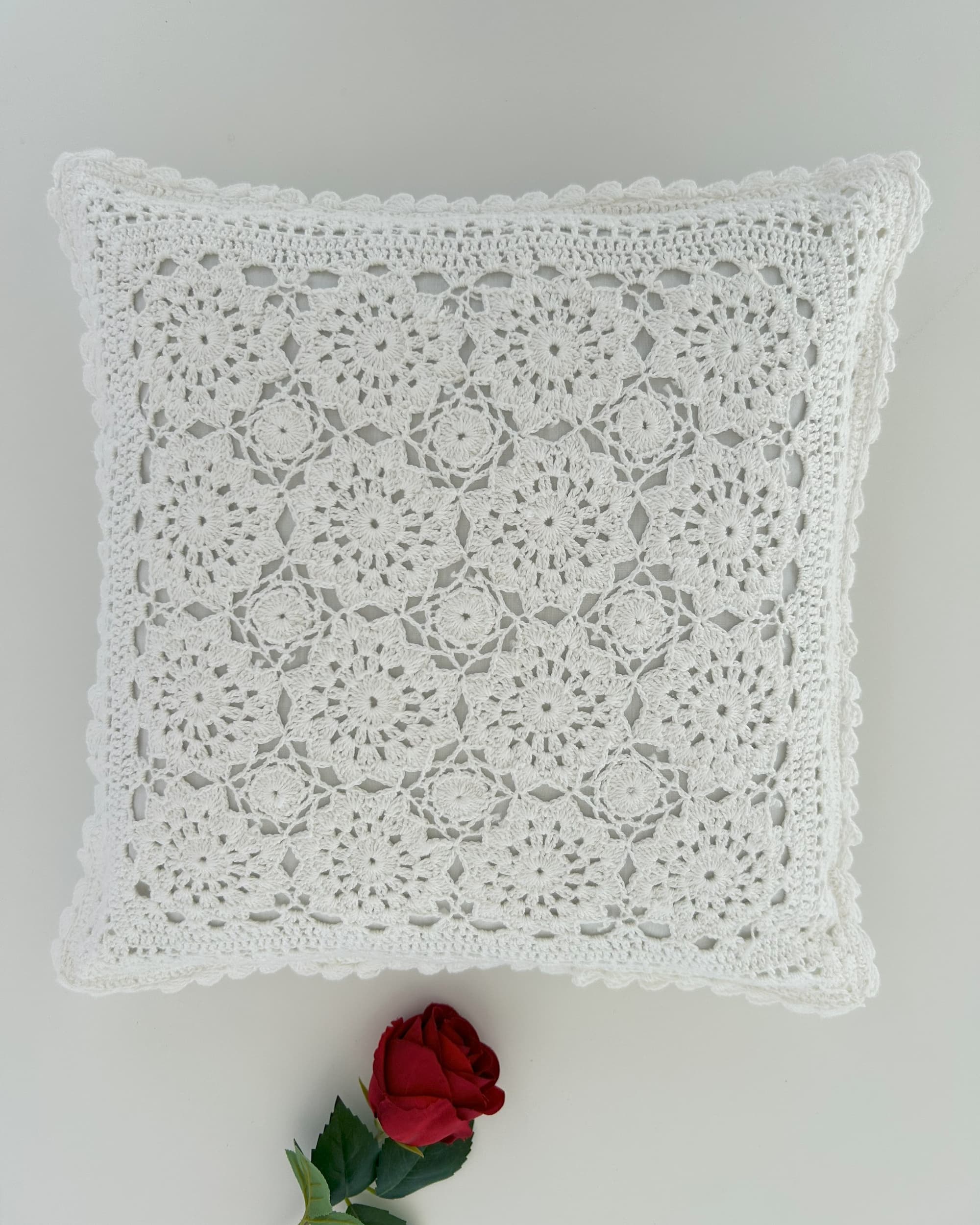 Half White Textured Crochet Cushion Cover – 16×16