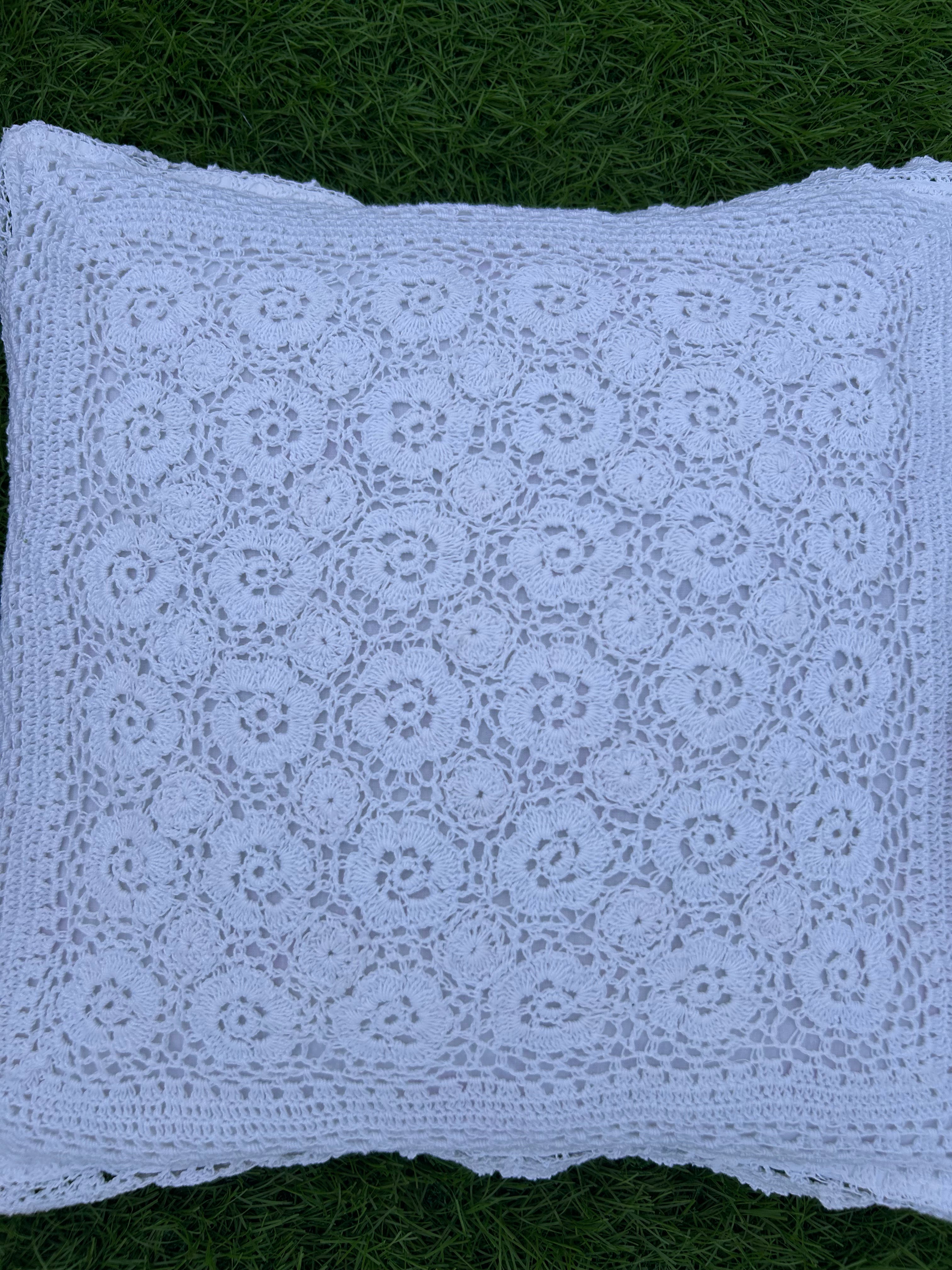 36 Roses Crochet Cushion Cover – White – 16x16