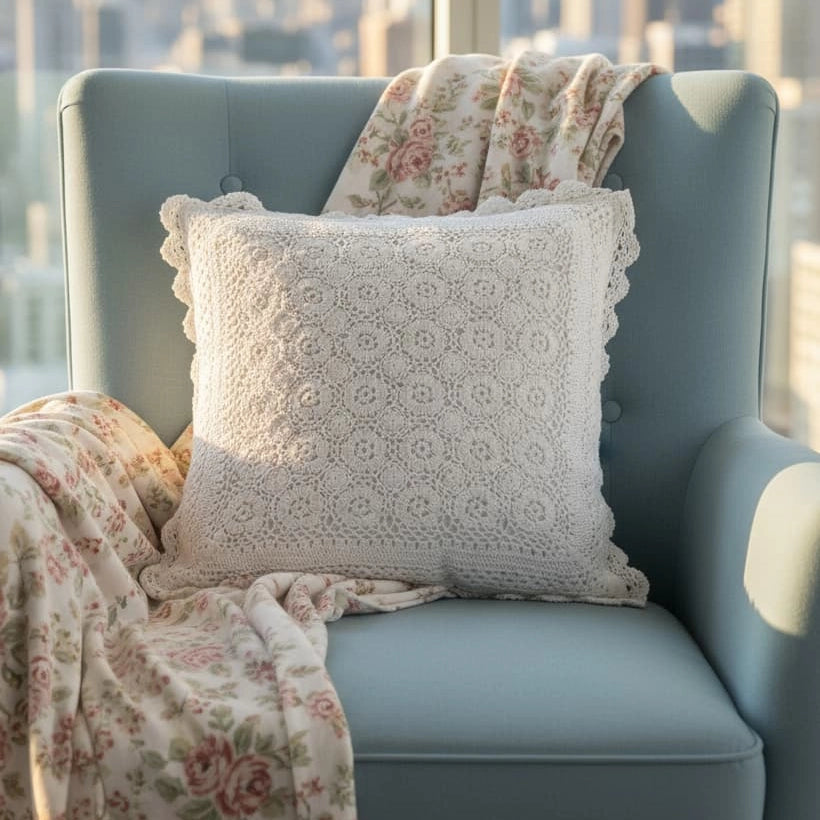 Vintage Rose Garden Crochet Cushion Cover (Floral)