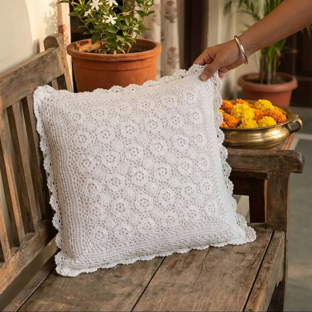 Vintage Rose Garden Crochet Cushion Cover (Floral)