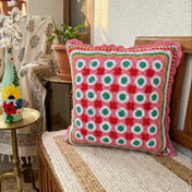 Handmade Boho Pink and Multicolor Crochet Cushion Cover by RavelBerry - Front View