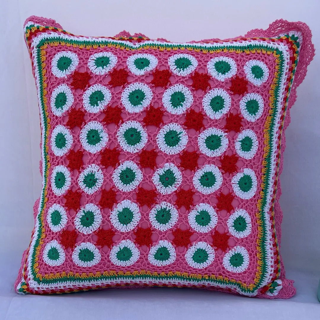 Handmade Boho Pink and Multicolor Crochet Cushion Cover by RavelBerry - Detail