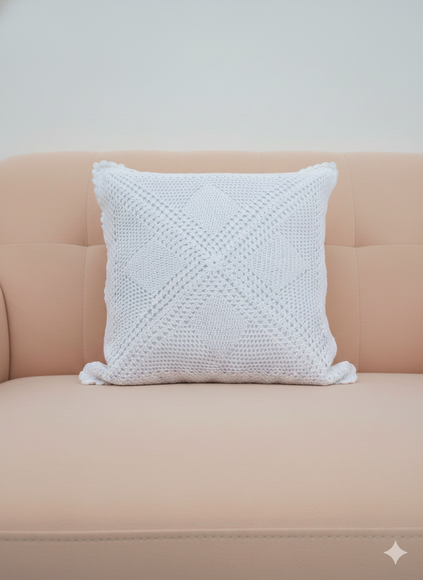 4 Diamond Crochet Cushion Cover – White – 16×16