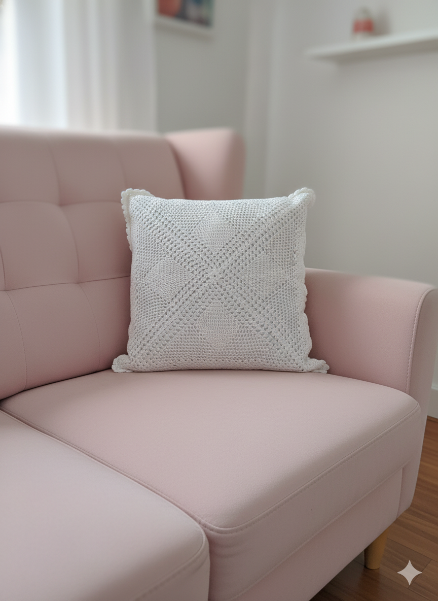 4 Diamond Crochet Cushion Cover – White – 16×16