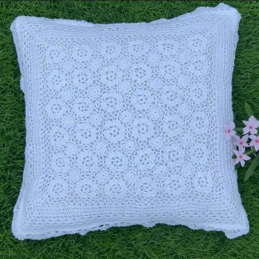 Vintage Rose Garden Crochet Cushion Cover (Floral)