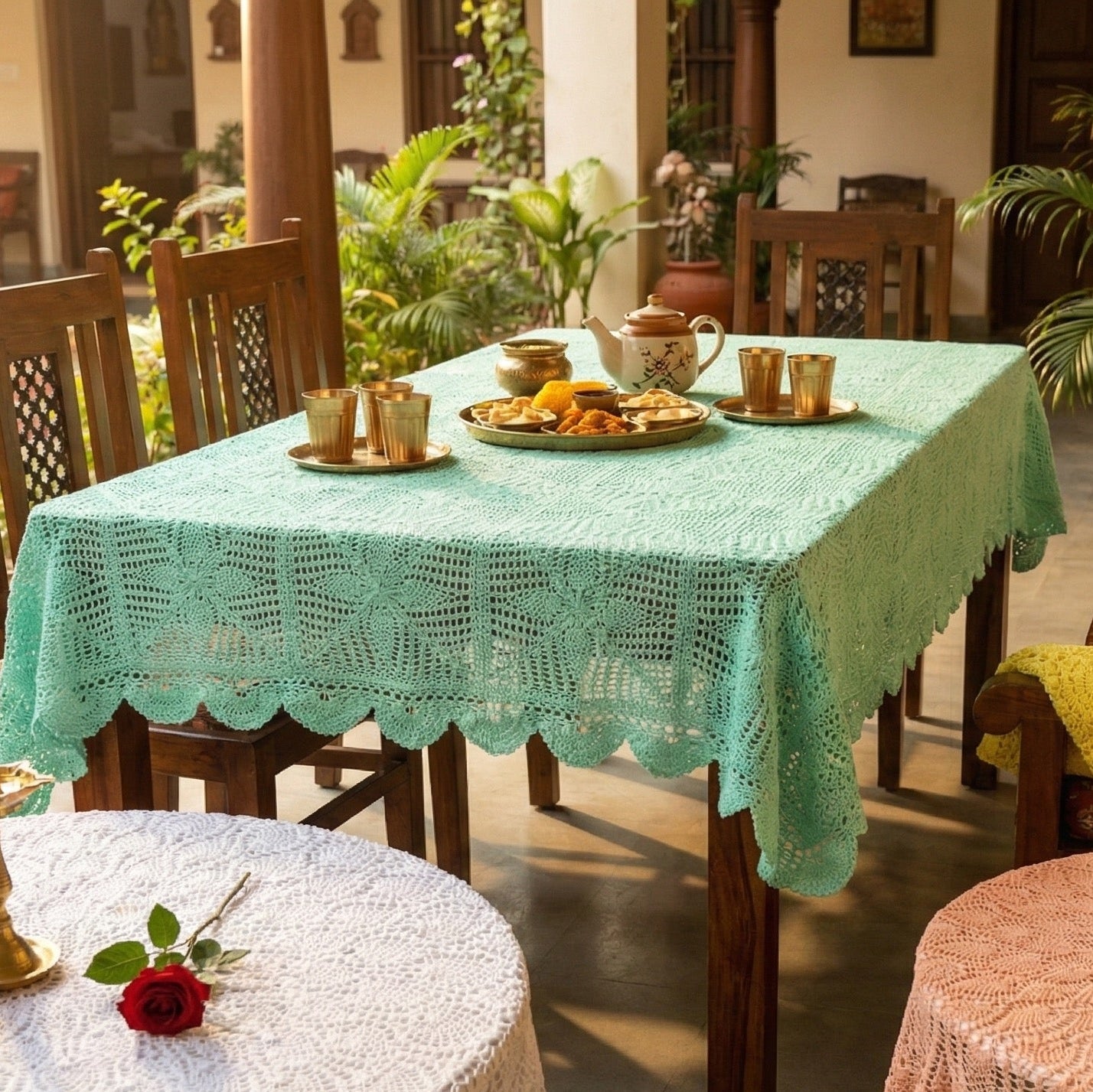 Mint Gardenia Heirloom Crochet Tablecloth & Furniture Throw.