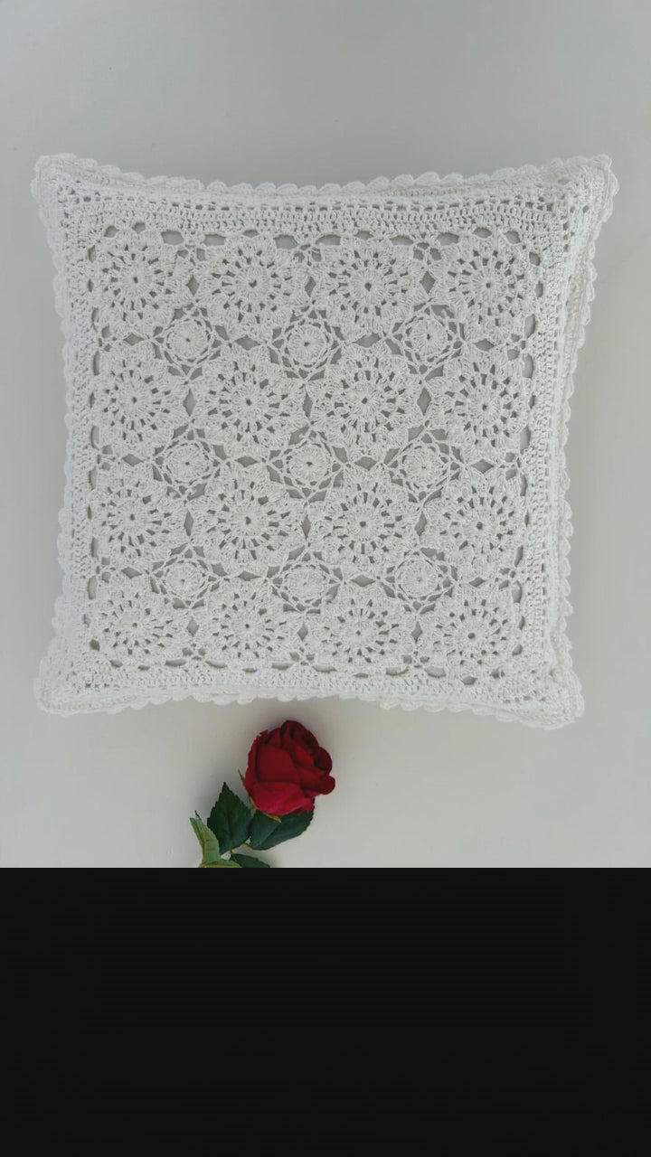 Half White Textured Crochet Cushion Cover – 16×16